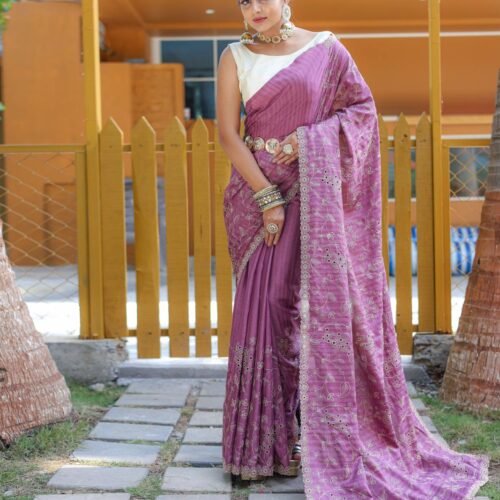 Women's Royal Prussian Blue Georgette Saree with Intricate Silver Thread & Mirror Work Embroidery – Perfect for Festive & Wedding Celebrations