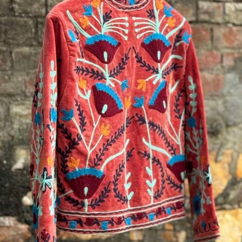 Womens Terracotta Velvet Embroidered Jacket with Floral Design
