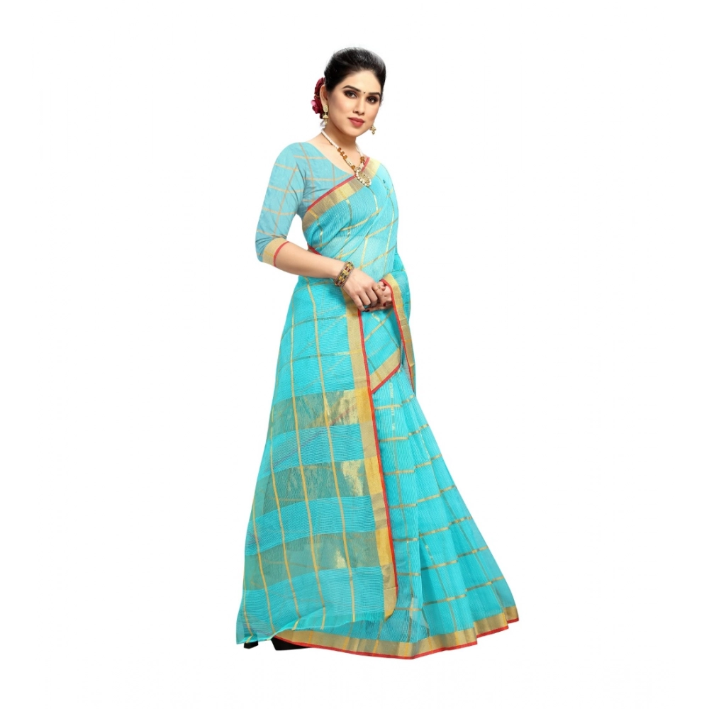 Women's Kota Doria Cotton Saree With Blouse (Sky Blue,6-3 Mtrs) - Image 5
