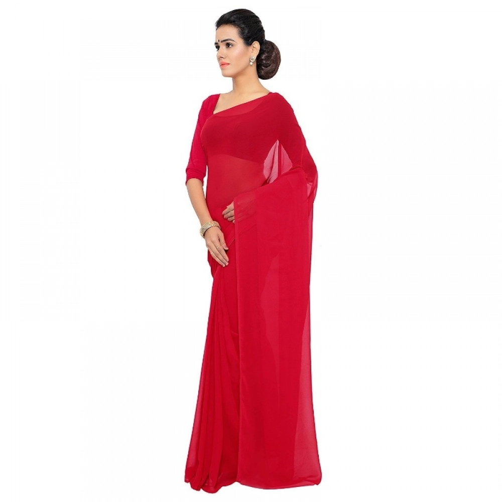 Women's Georgette Plain Saree With Blouse (Red, 5-6 Mtrs) - Image 3