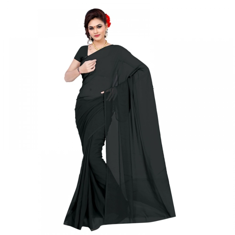 Women's Georgette Plain Saree With Blouse (Black, 5-6 Mtrs) - Image 4