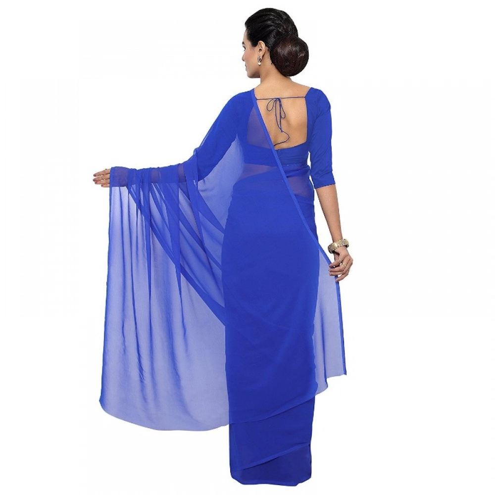 Women's Georgette Plain Saree With Blouse (Royal Blue, 5-6 Mtrs) - Image 3