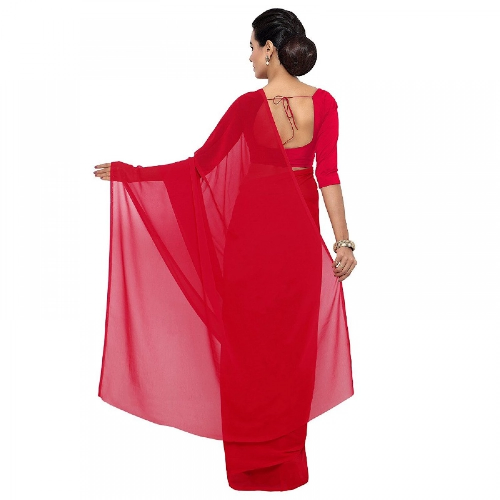 Women's Georgette Plain Saree With Blouse (Red, 5-6 Mtrs) - Image 2