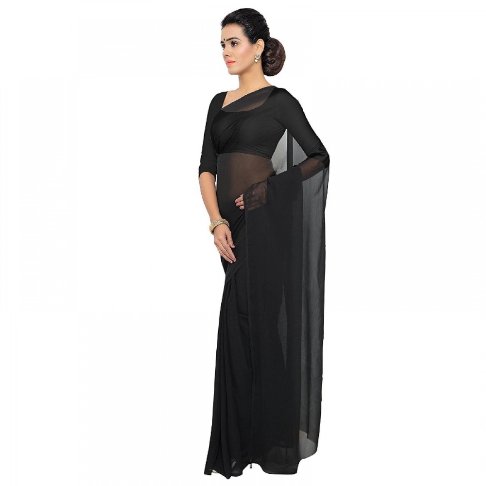 Women's Georgette Plain Saree With Blouse (Black, 5-6 Mtrs) - Image 3