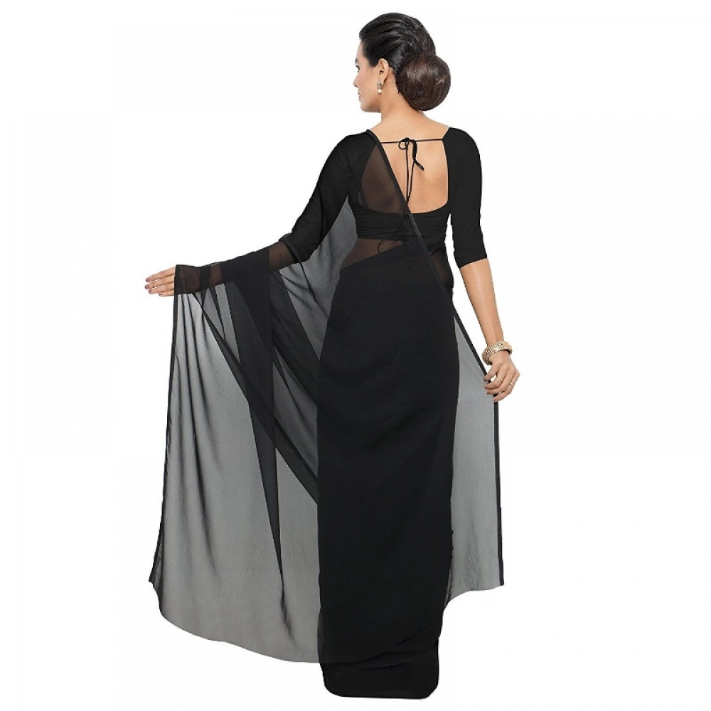 Women's Georgette Plain Saree With Blouse (Black, 5-6 Mtrs) - Image 2