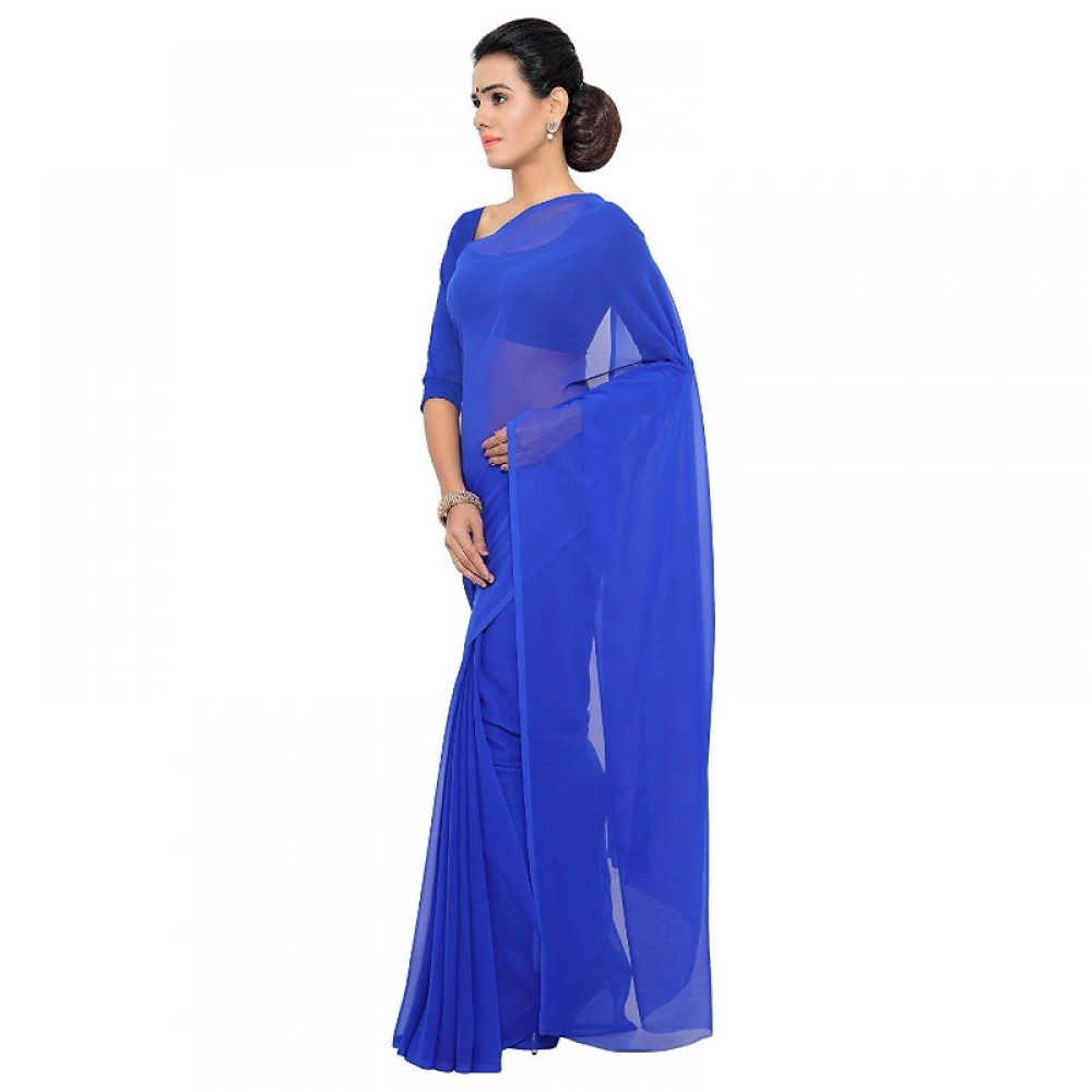 Women's Georgette Plain Saree With Blouse (Royal Blue, 5-6 Mtrs) - Image 2