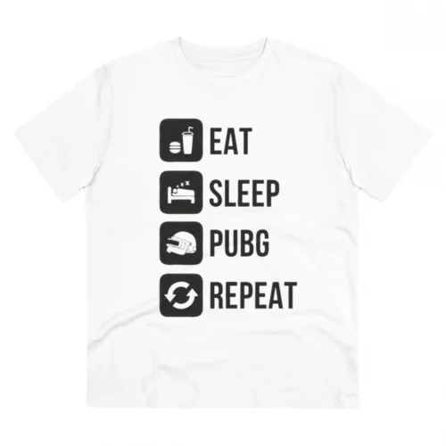 Men's PC Cotton Eat Sleep Pubg Repeat Printed T Shirt (Color: White, Thread Count: 180GSM)