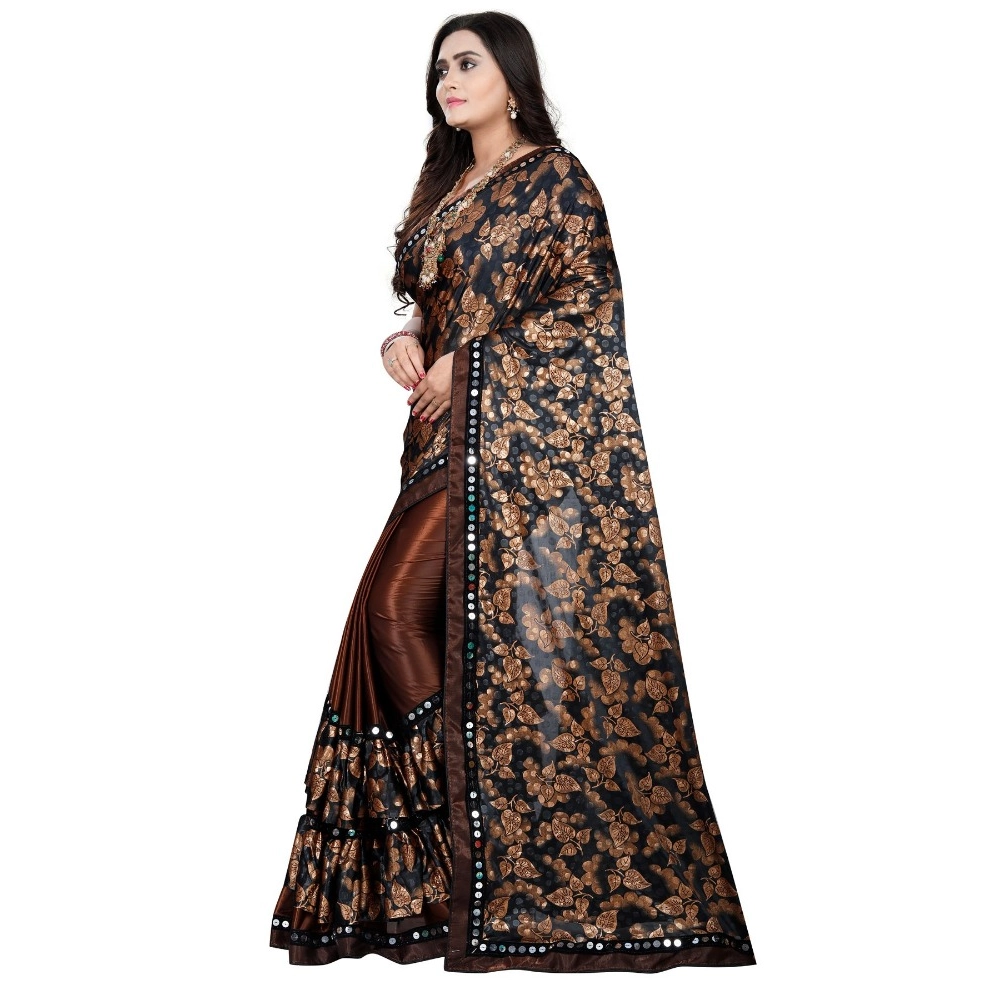 Women's Lycra Blend Saree with Blouse (Coffee, 5-6 Mtrs) - Image 2