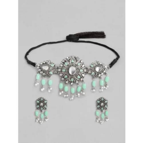 Women's Rose Gold Plated Alloy Necklace & Earings Set (Light Green)