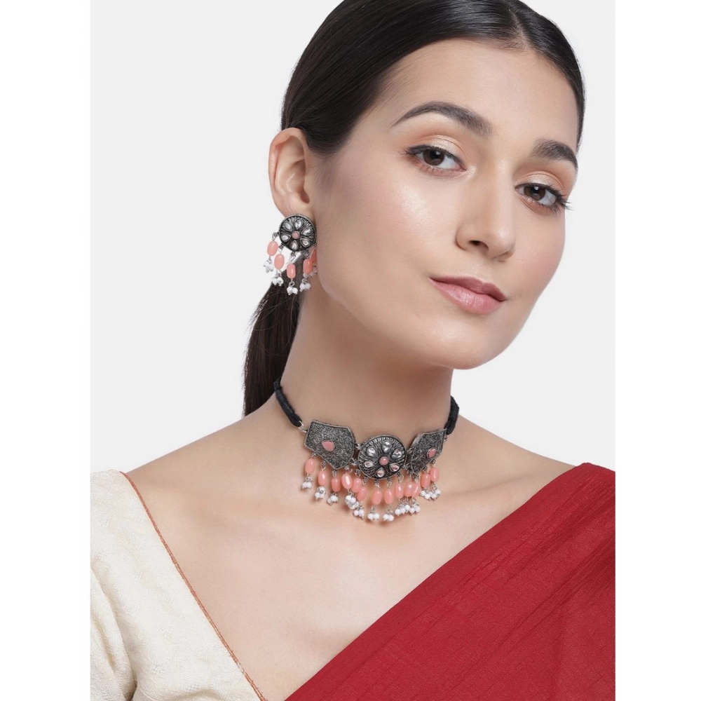 Women's Rose Gold Plated Alloy Necklace & Earings Set (Orange) - Image 2
