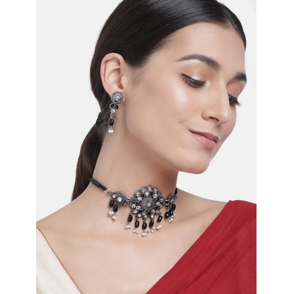 Women's Rose Gold Plated Alloy Necklace & Earings Set (Black) - Image 2