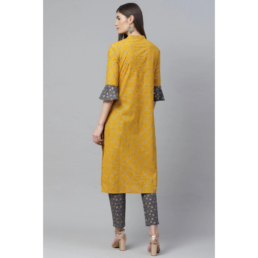 Women's Casual Bell Sleeves Geomatrical Printed Cotton Kurti Set (Yellow) - Image 5