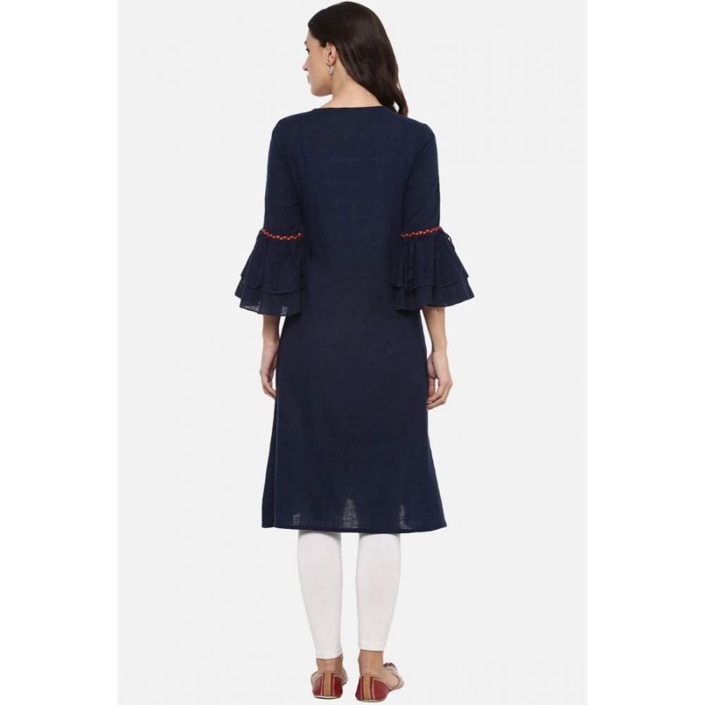 Women's Casual Bell Sleeves Solid Cotton Slub Kurti (Blue) - Image 5