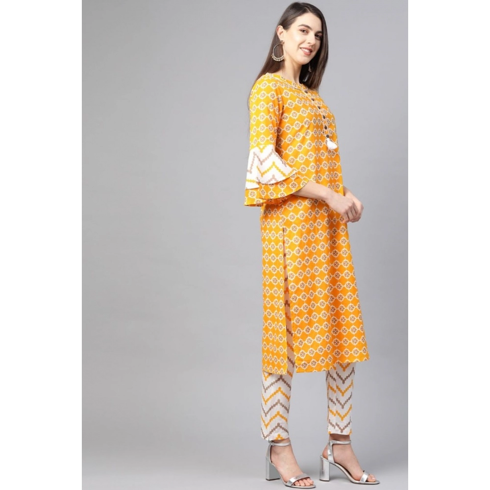 Women's Casual 3/4 th Sleeve Floral Printed Cotton Kurti Set (Mustard) - Image 2