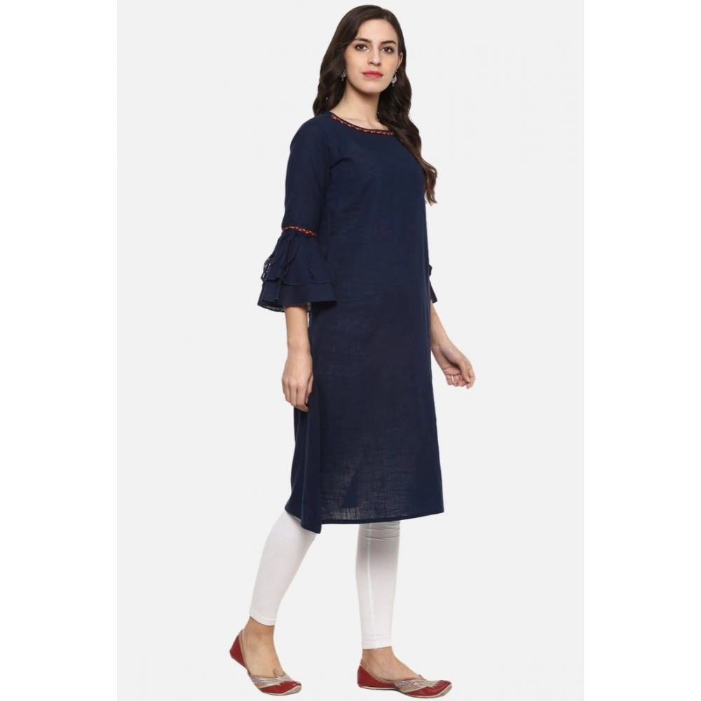 Women's Casual Bell Sleeves Solid Cotton Slub Kurti (Blue) - Image 4