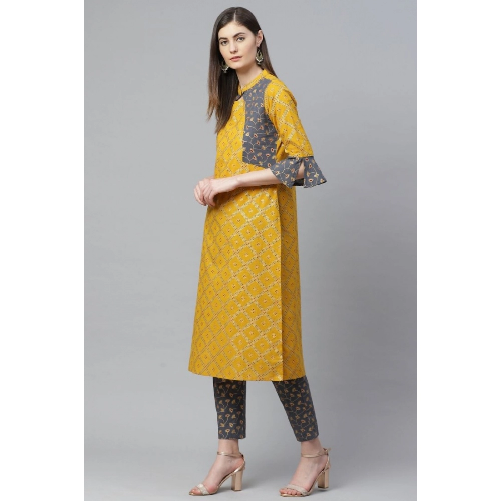 Women's Casual Bell Sleeves Geomatrical Printed Cotton Kurti Set (Yellow) - Image 2