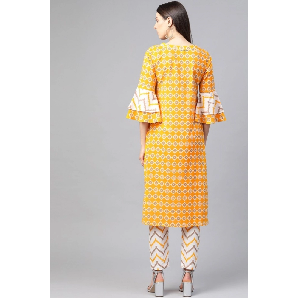 Women's Casual 3/4 th Sleeve Floral Printed Cotton Kurti Set (Mustard) - Image 4