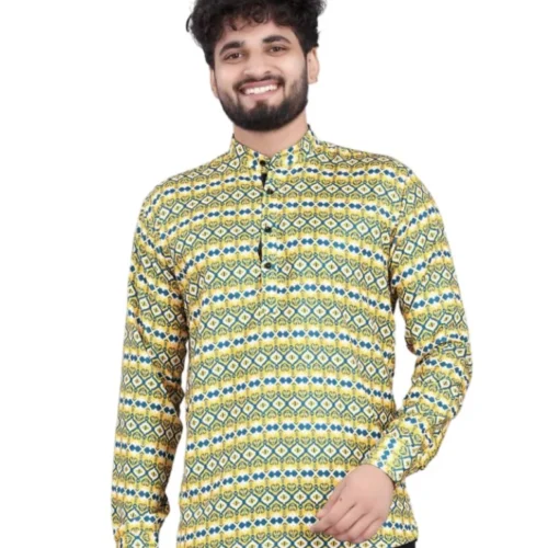 Men's Cotton Blended Printed Full Sleeve Shortkurta (Multicolor)