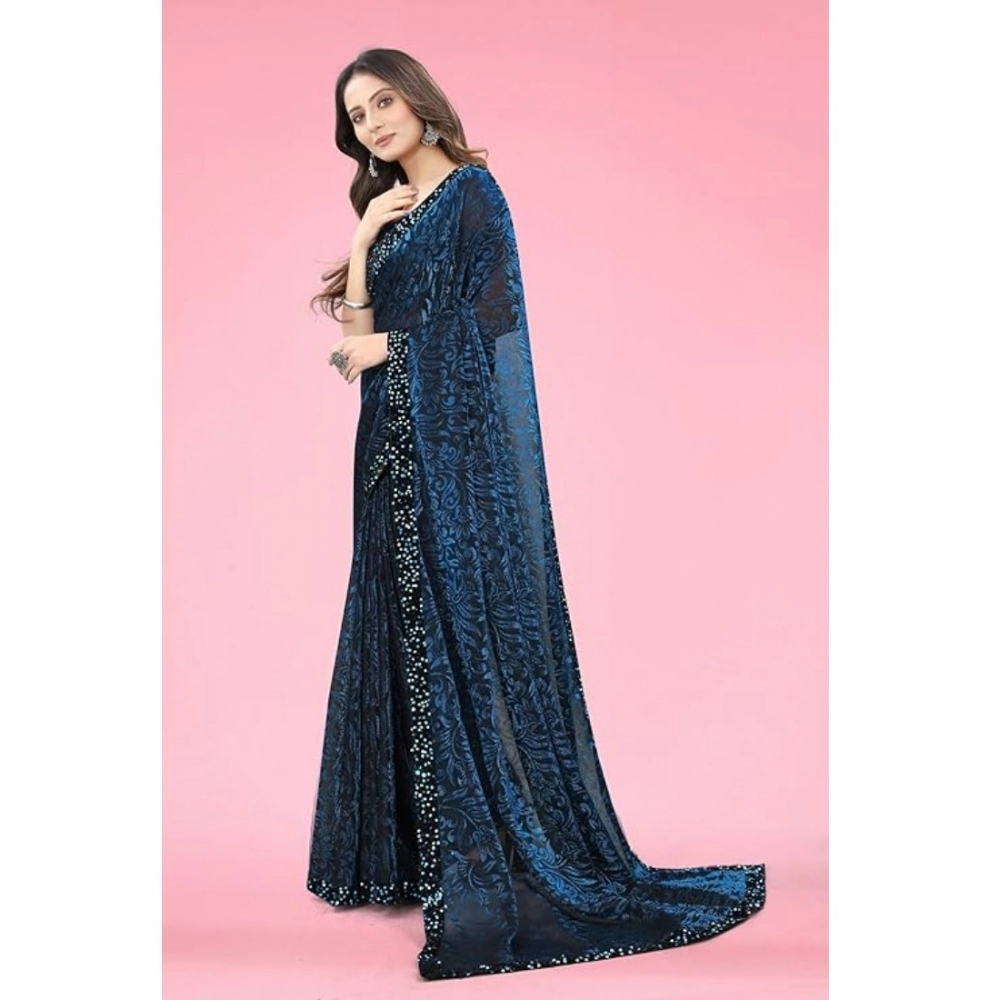 Women's Lycra Floral Saree With Unstitched Blouse (Blue, 5.5 Mtr) - Image 2