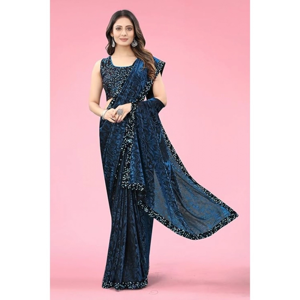 Women's Lycra Floral Saree With Unstitched Blouse (Blue, 5.5 Mtr) - Image 3