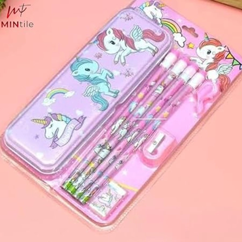 8_Pcs Set Unicorn Metal Pencil Box With 4 Pencils, 1 Sharpner, 1 Eracer And 1 Pencil Cap| Metal Box| Stationery | 3+ Years - Image 4