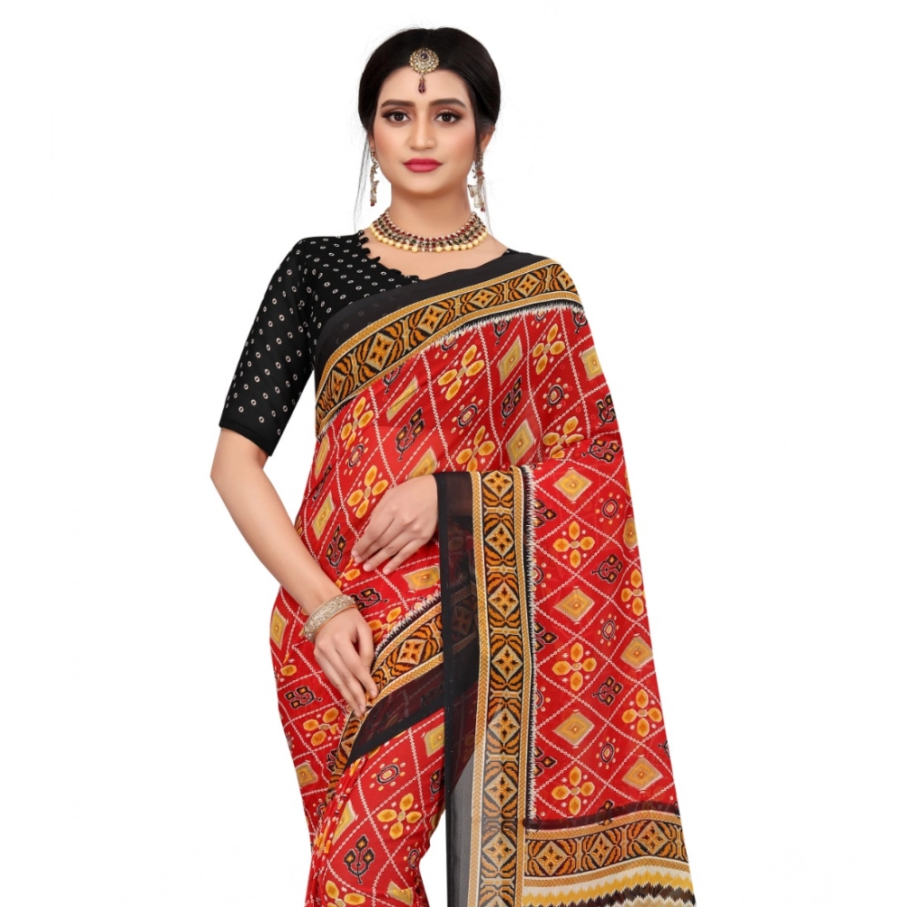 Women's Georgette Floral Print Saree With Unstitched Blouse 5.5Mtr (Red) - Image 4