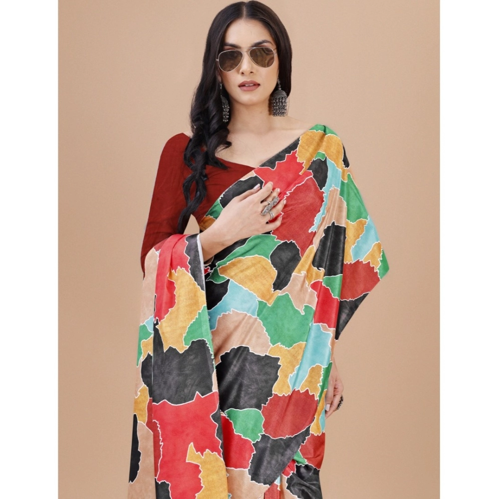 Women's Crepe Digital Print Saree With Unstitched Blouse 5.5Mtr (Red) - Image 3