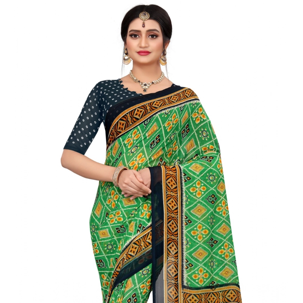 Women's Georgette Floral Print Saree With Unstitched Blouse 5.5Mtr (Light Green) - Image 3