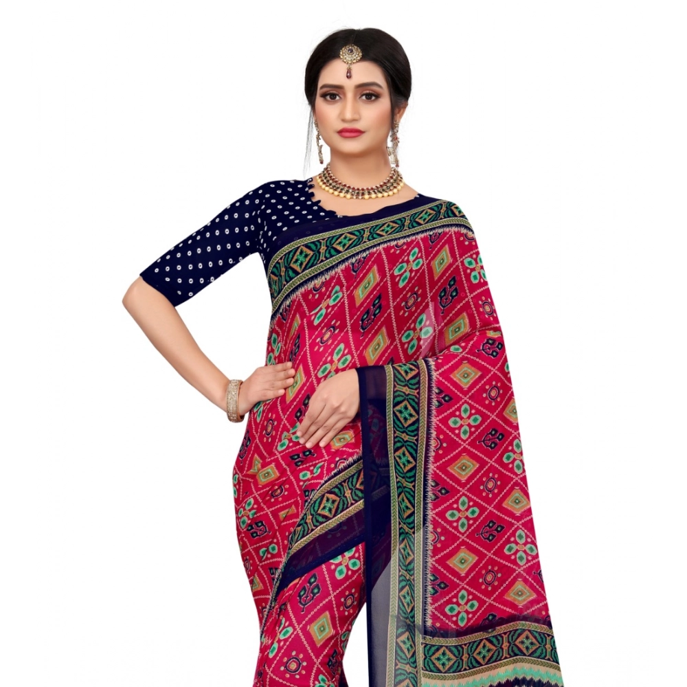 Women's Georgette Floral Print Saree With Unstitched Blouse 5.5Mtr (Pink) - Image 4