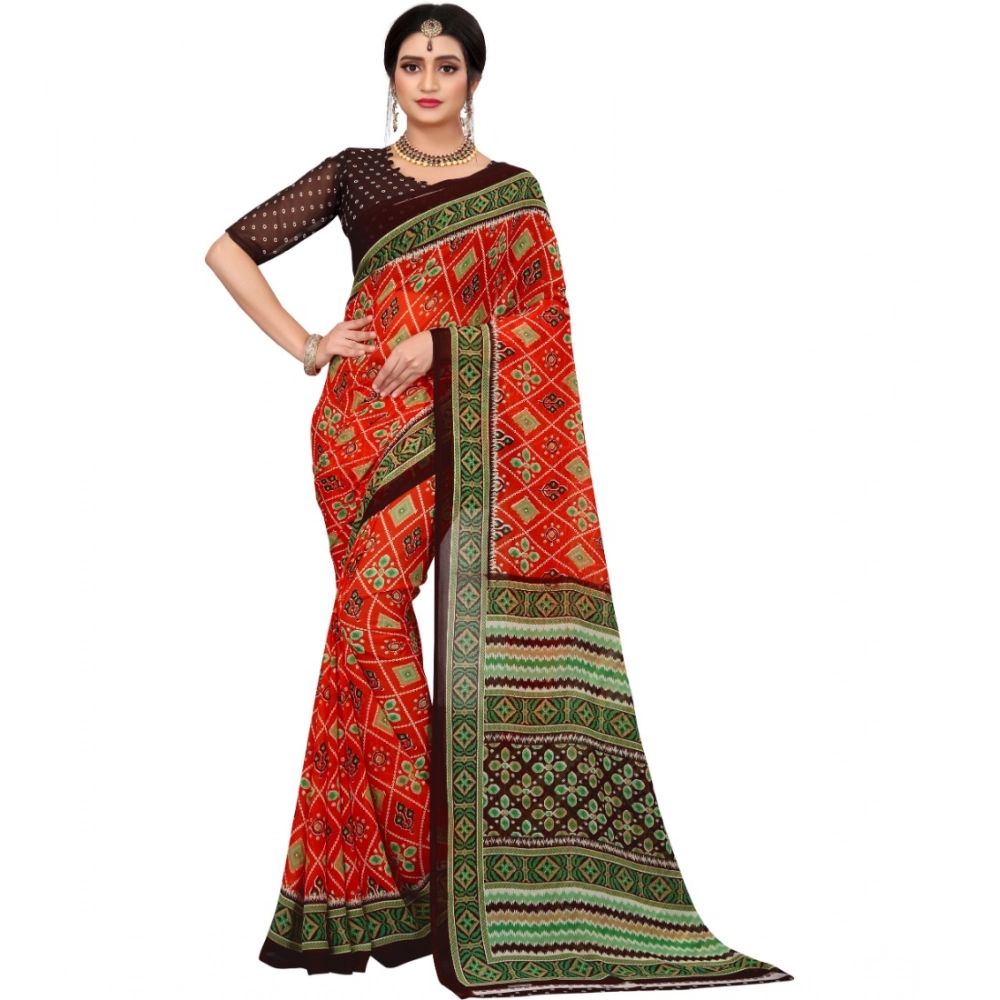 Women's Georgette Floral Print Saree With Unstitched Blouse 5.5Mtr (Red) - Image 2
