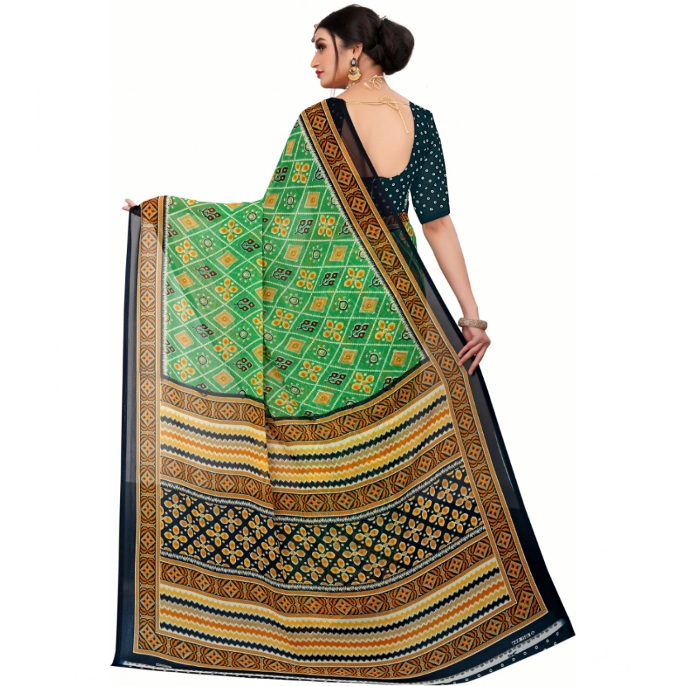 Women's Georgette Floral Print Saree With Unstitched Blouse 5.5Mtr (Light Green) - Image 2