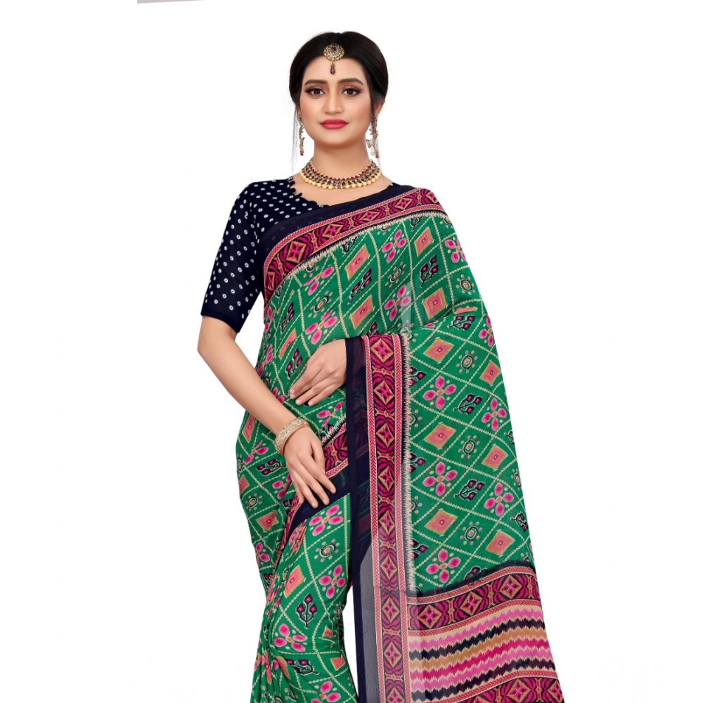 Women's Georgette Floral Print Saree With Unstitched Blouse 5.5Mtr (Green) - Image 3