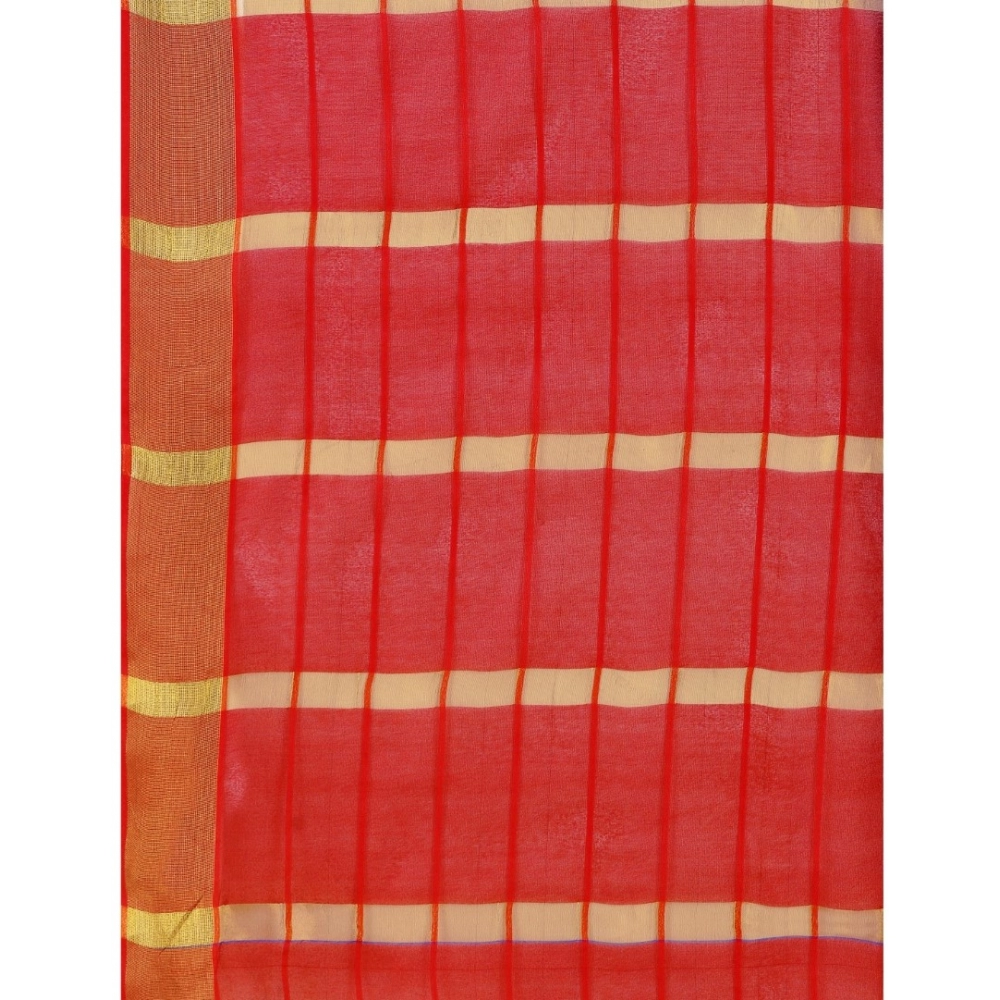 Women's Cotton Silk Checkered Saree With Unstitched Blouse 5.5Mtr (Blue) - Image 4
