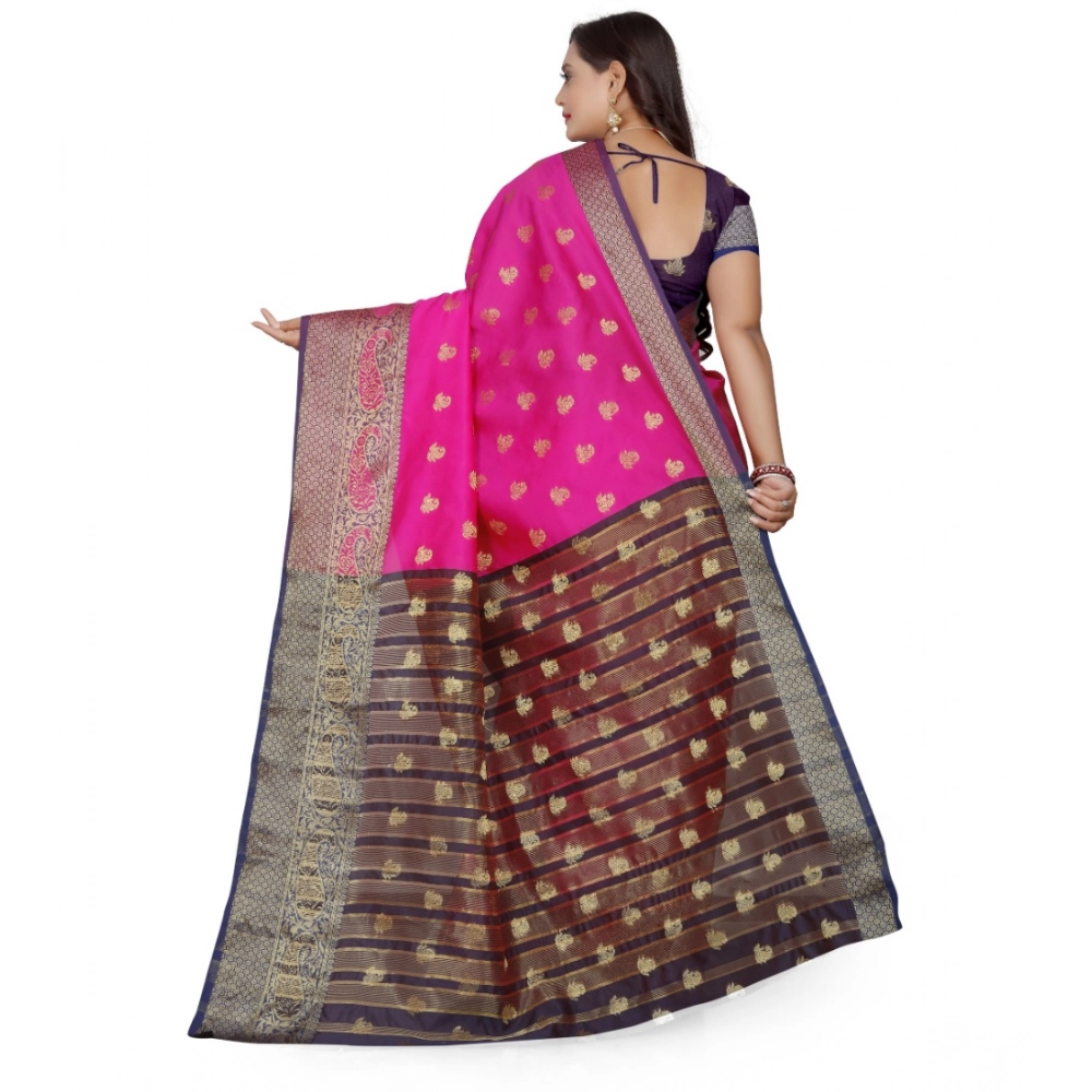 Women's Jacquard Woven Saree With Unstitched Blouse 5.5Mtr (Pink) - Image 3
