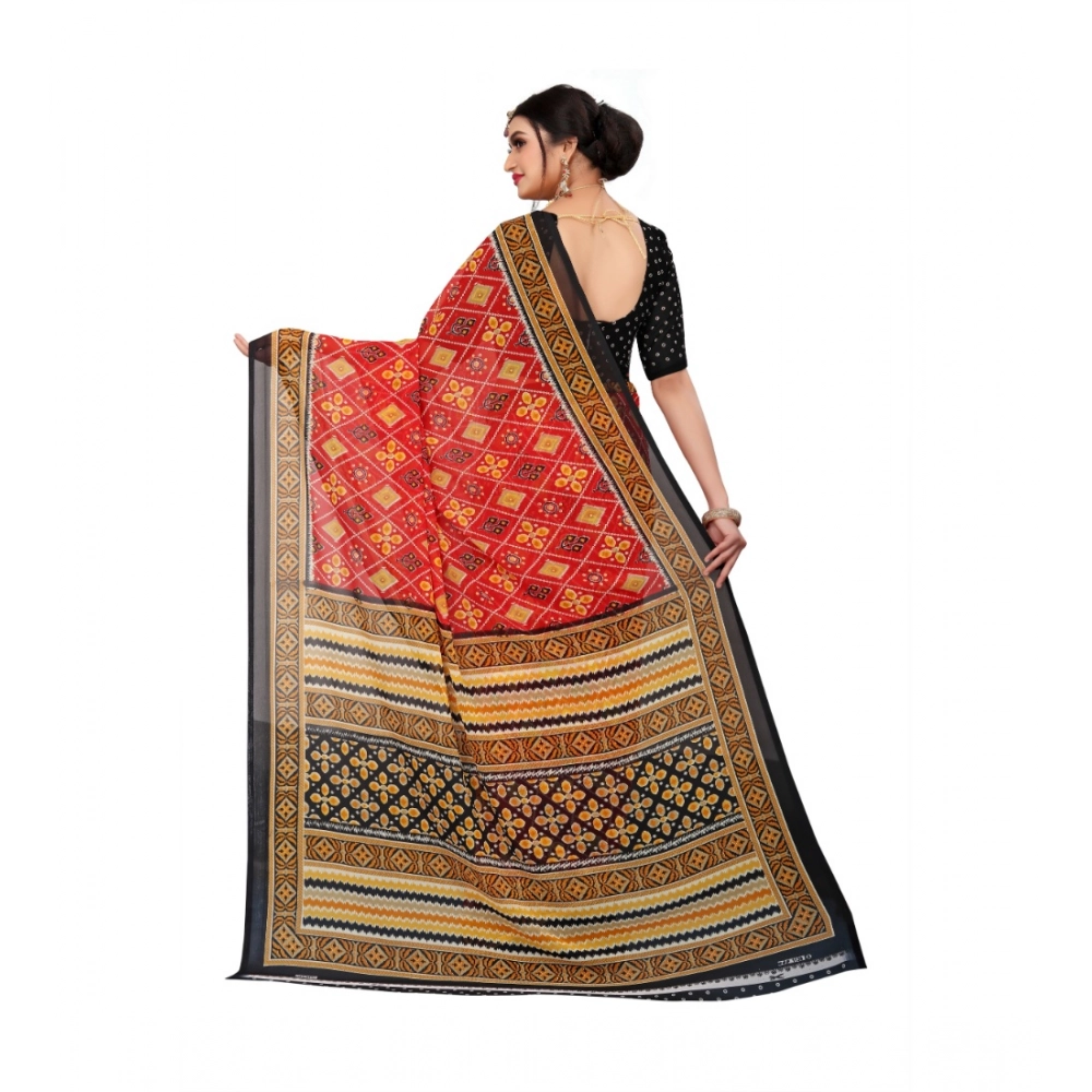 Women's Georgette Floral Print Saree With Unstitched Blouse 5.5Mtr (Red) - Image 2
