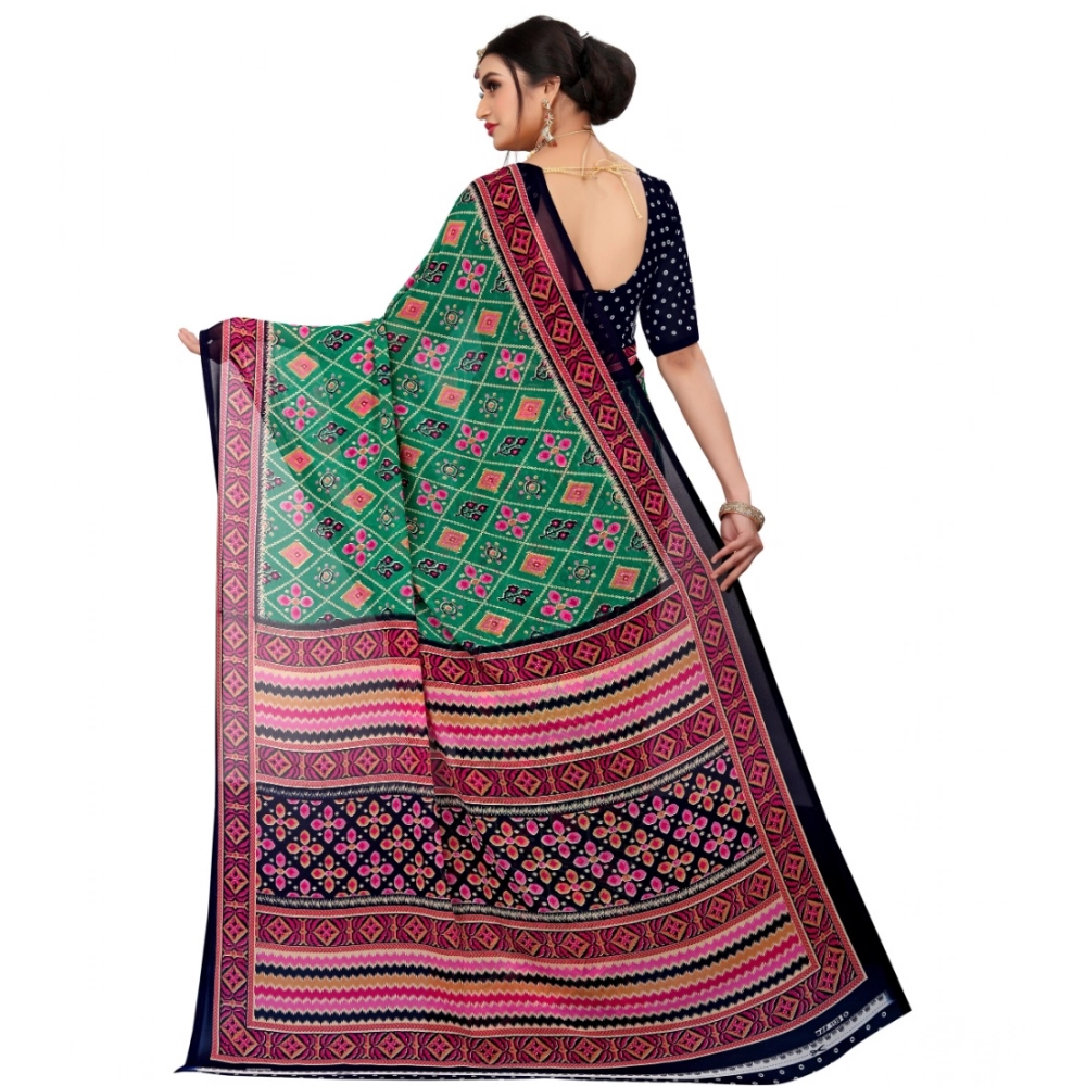 Women's Georgette Floral Print Saree With Unstitched Blouse 5.5Mtr (Green) - Image 2