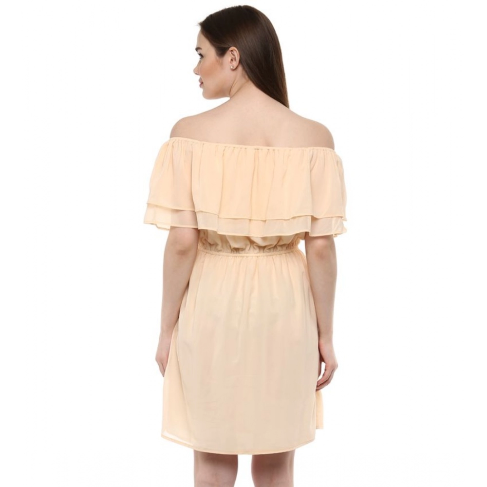 Women's Polyester Solid Sleeveless Knee-Length Dress (Beige) - Image 2