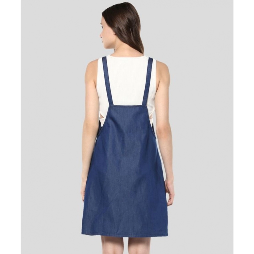 Women's Denim Solid Shoulder Straps Above Knee Dress (Blue) - Image 2