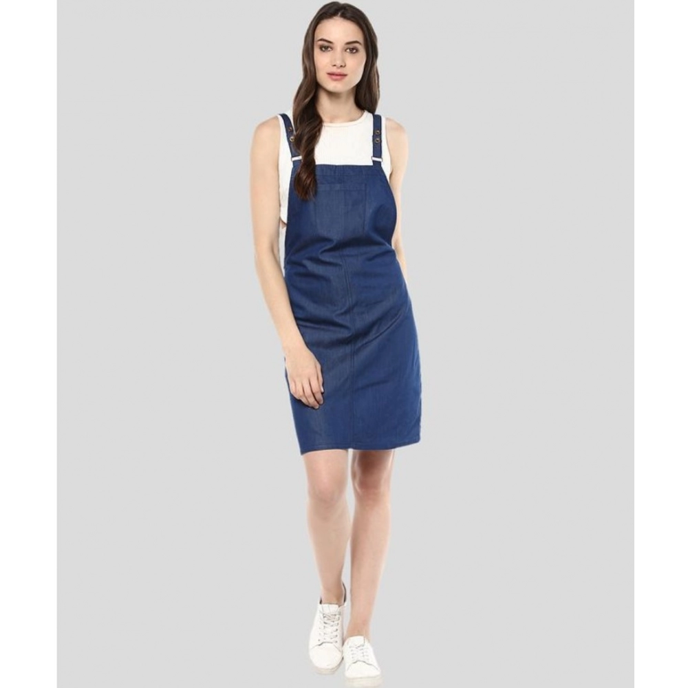 Women's Denim Solid Shoulder Straps Above Knee Dress (Blue) - Image 3