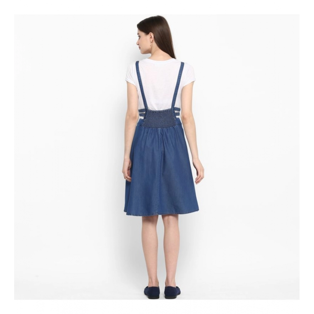 Women's Denim Solid Shoulder Straps Below Knee Dress (Blue) - Image 2