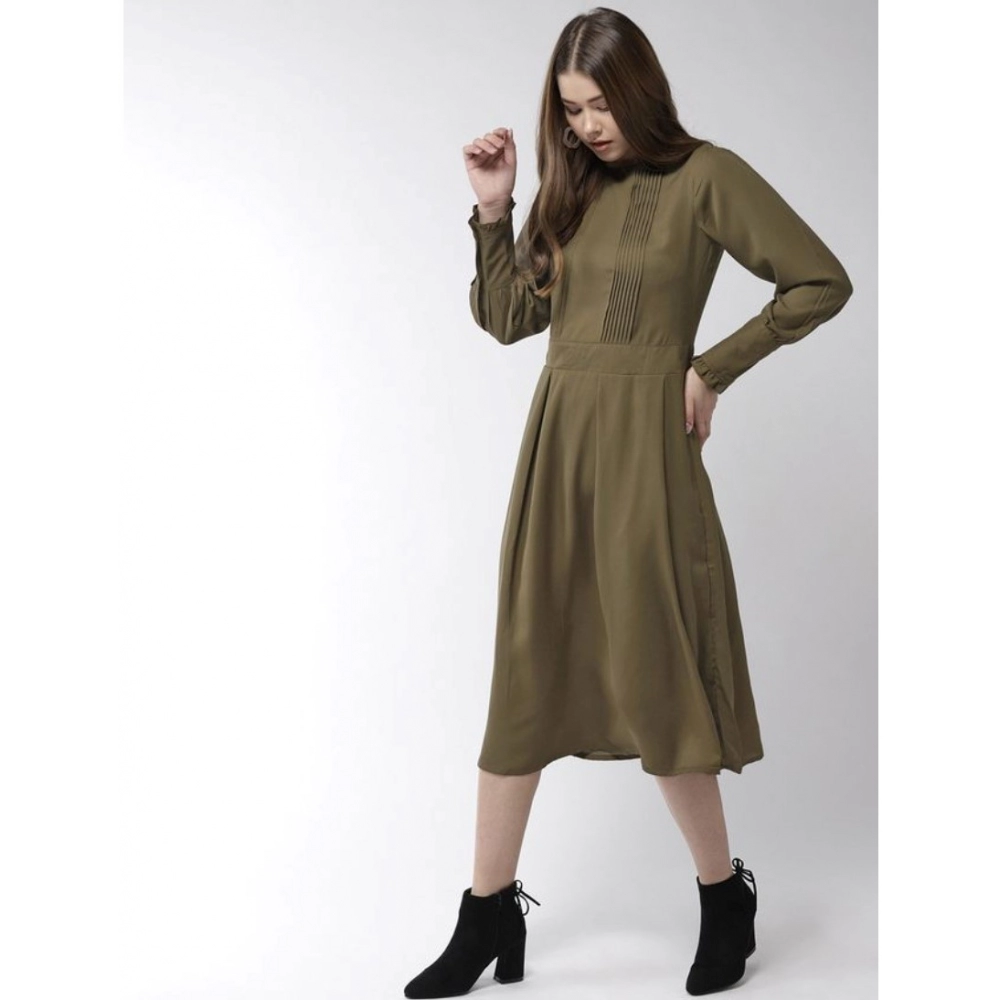 Women's Polyester Pintuck Long Sleeves Below Knee Dress (Olive) - Image 5