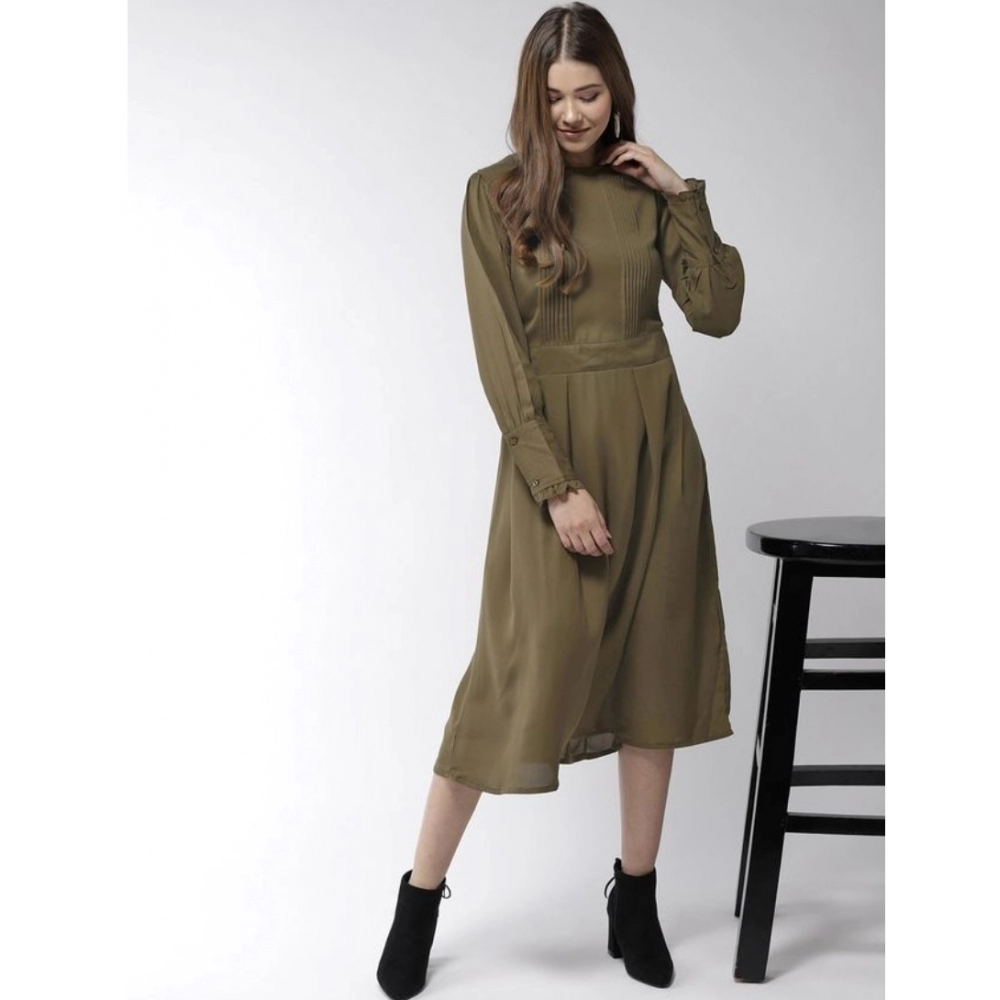 Women's Polyester Pintuck Long Sleeves Below Knee Dress (Olive) - Image 3