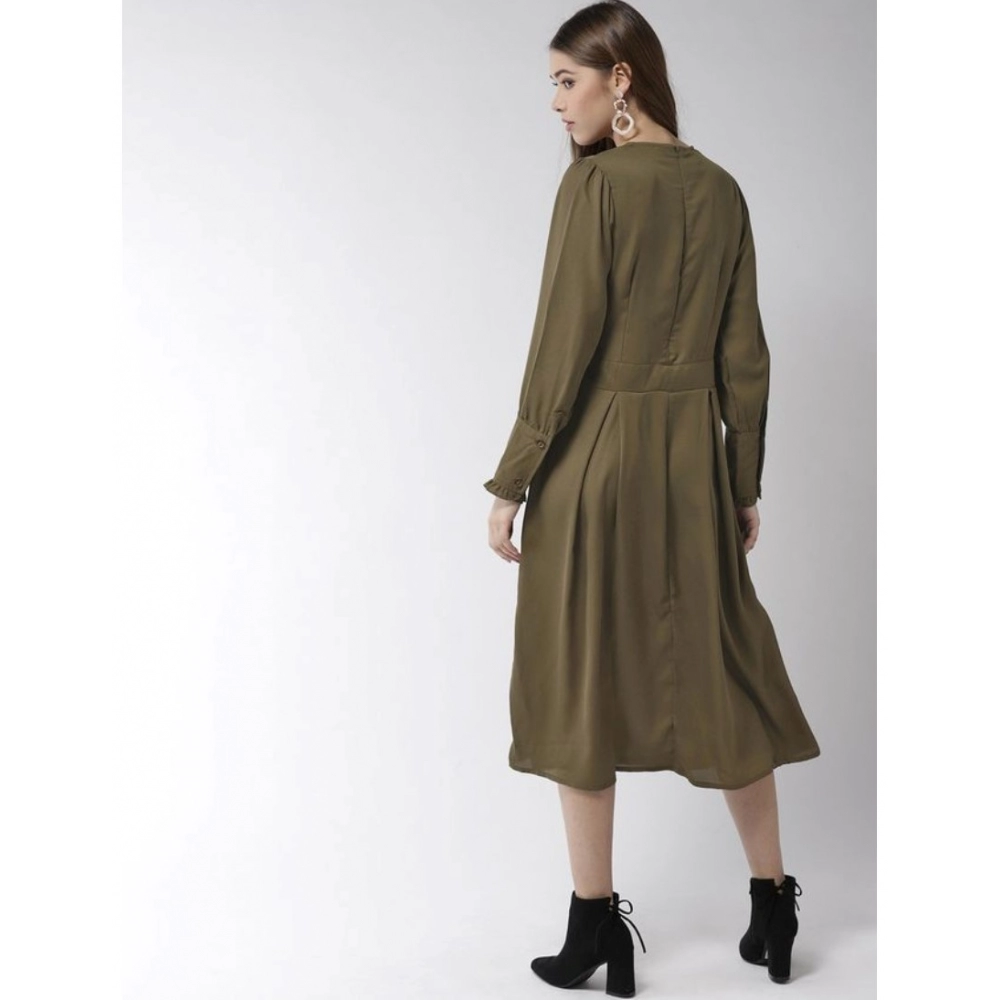 Women's Polyester Pintuck Long Sleeves Below Knee Dress (Olive) - Image 2