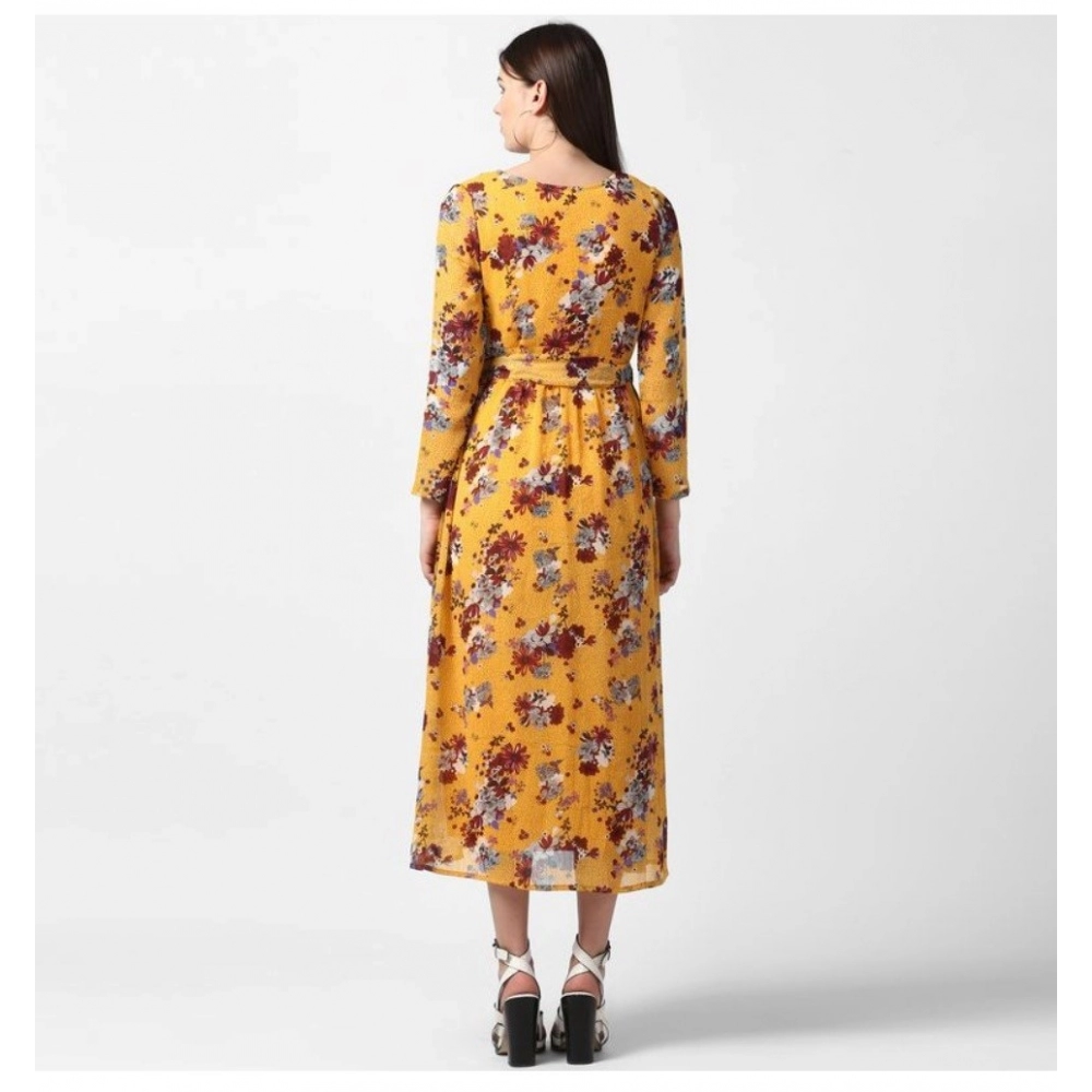 Women's Polyester Floral Long Sleeves Calf-length Dress (Yellow) - Image 2