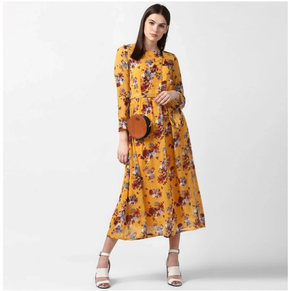 Women's Polyester Floral Long Sleeves Calf-length Dress (Yellow) - Image 3