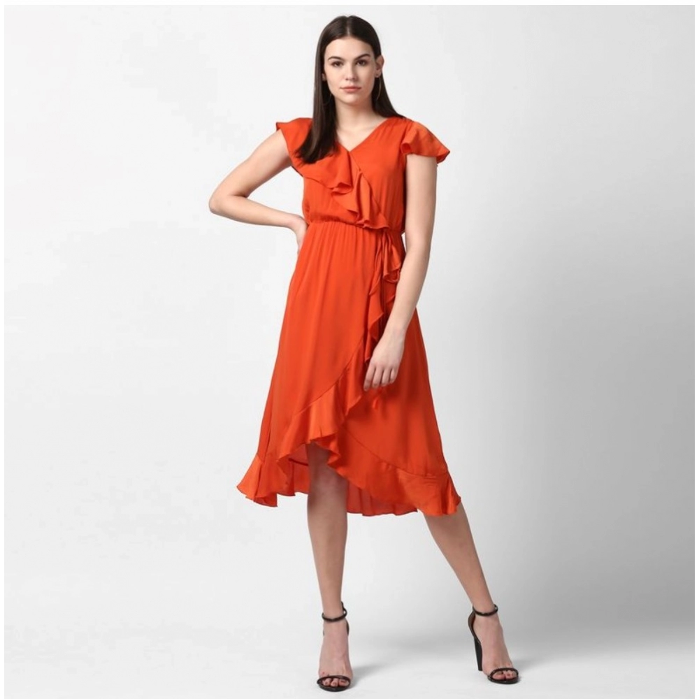 Women's Polyester Ruffled Cap Sleeve Knee-Length Dress (Orange) - Image 3