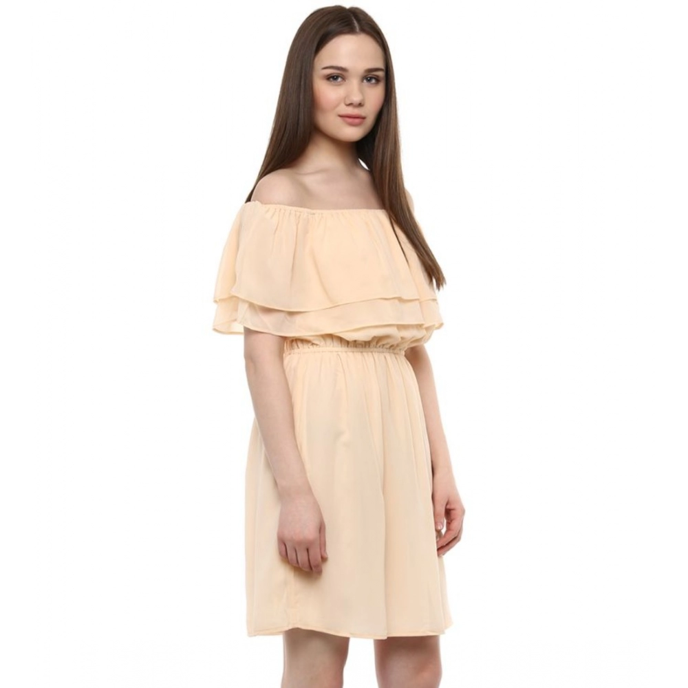 Women's Polyester Solid Sleeveless Knee-Length Dress (Beige) - Image 5