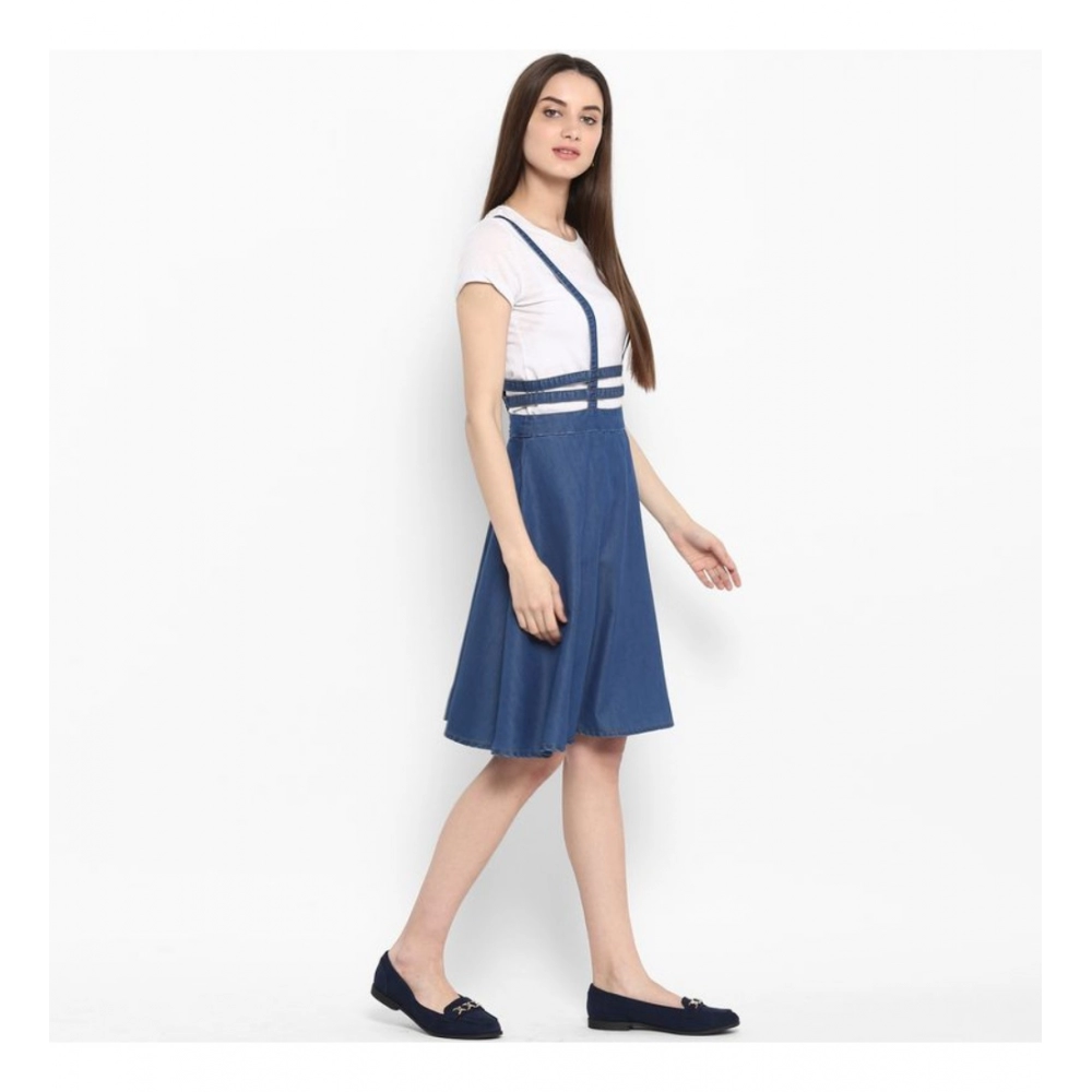 Women's Denim Solid Shoulder Straps Below Knee Dress (Blue) - Image 5