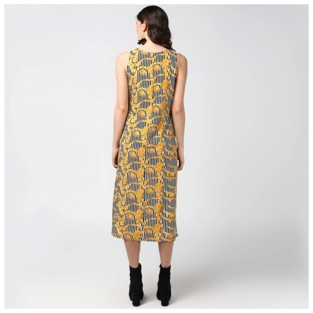 Women's Polyester Chain Print Sleeveless Below Knee Dress (Yellow - Black) - Image 2