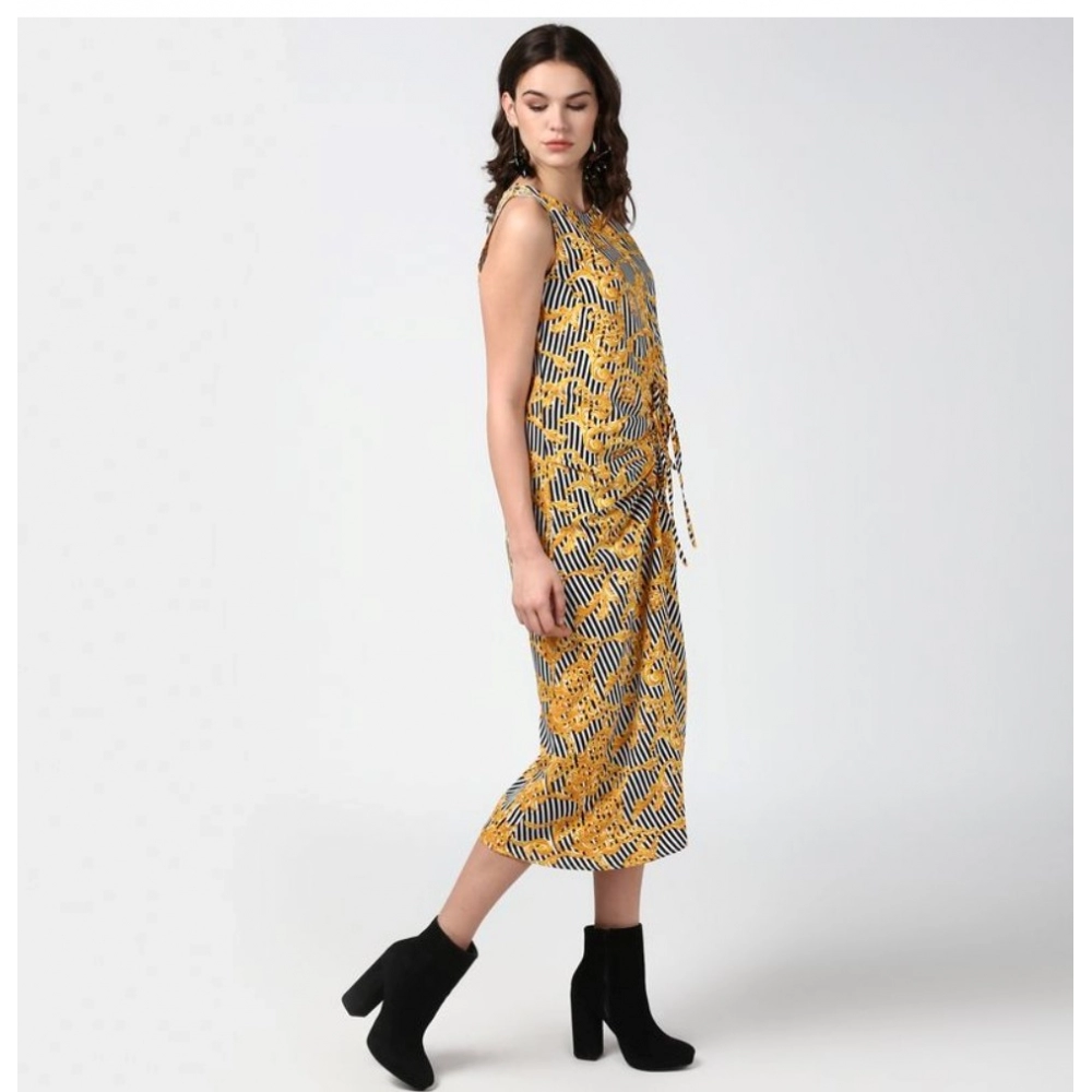 Women's Polyester Chain Print Sleeveless Below Knee Dress (Yellow - Black) - Image 3